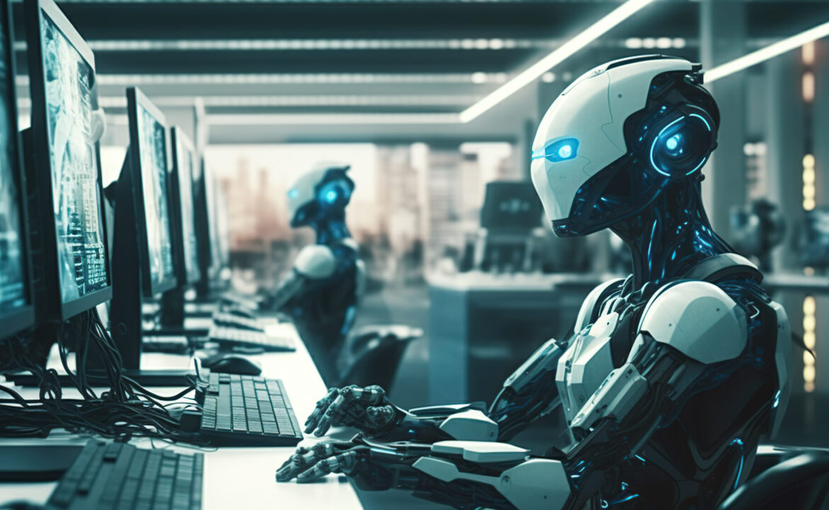 A robot working in a modern office with real people. Generative AI