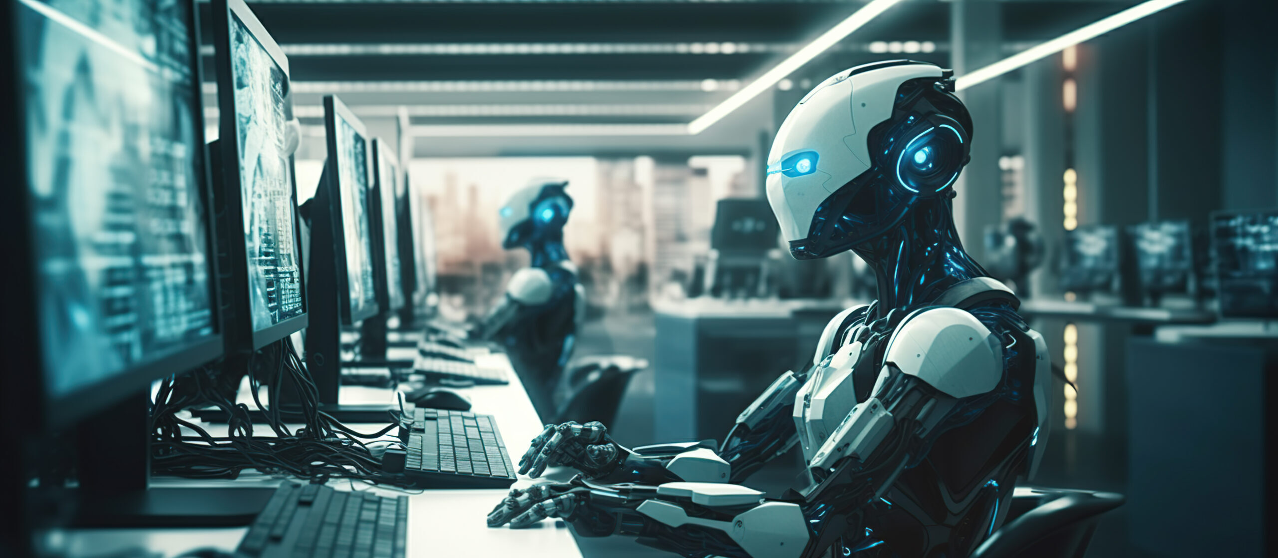 A robot working in a modern office with real people. Generative AI
