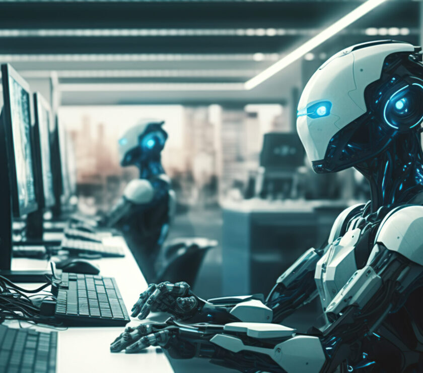 A robot working in a modern office with real people. Generative AI